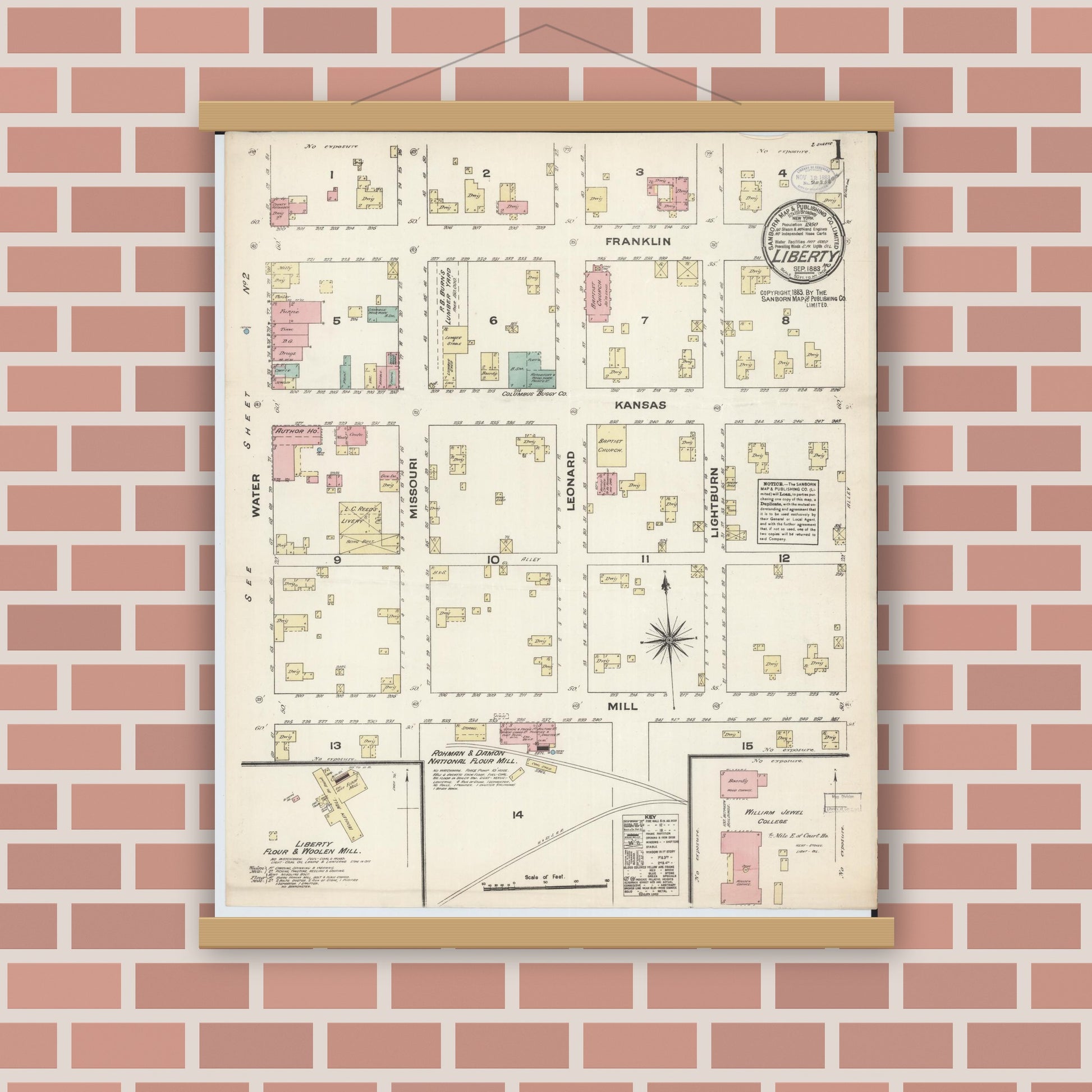 Old map wall art mockup — magnetic wood frame on brick wall — Sanborn Fire Insurance Map from Liberty, Clay County, Missouri (1883) - Complete Map Set