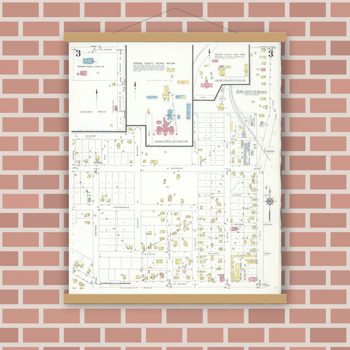 Old map wall art mockup — magnetic wood frame on brick wall — Sanborn Fire Insurance Map from Viroqua, Vernon County, Wisconsin (1933), Sheet #0003