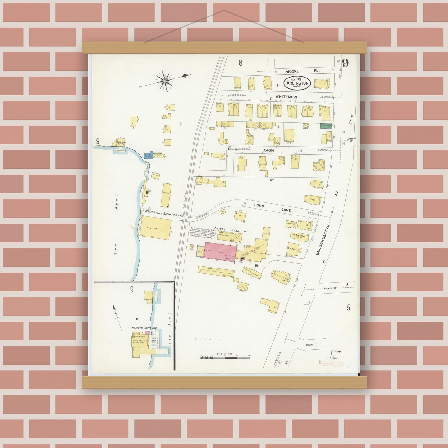 Old map wall art mockup — magnetic wood frame on brick wall — Sanborn Fire Insurance Map from Arlington, Middlesex County, Massachusetts (1908), Sheet #0009