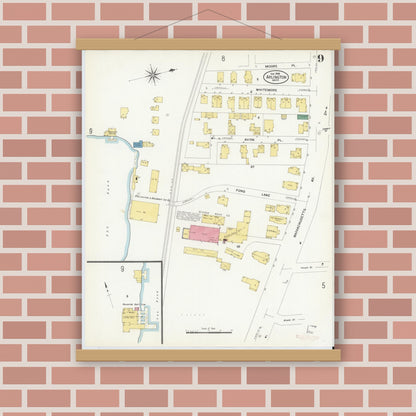 Old map wall art mockup — magnetic wood frame on brick wall — Sanborn Fire Insurance Map from Arlington, Middlesex County, Massachusetts (1908), Sheet #0009