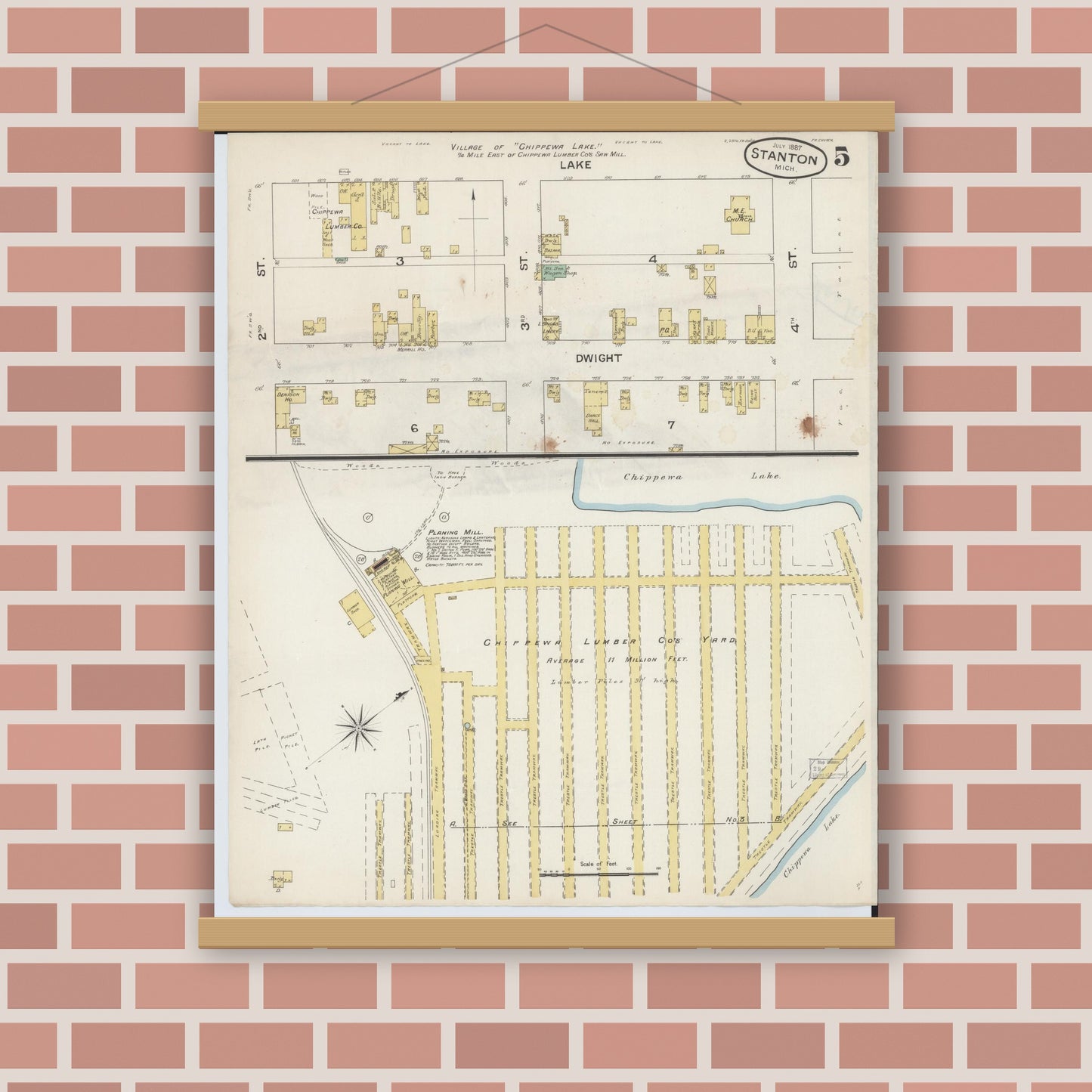 Old map wall art mockup — magnetic wood frame on brick wall — Sanborn Fire Insurance Map from Stanton, Montcalm County, Michigan (1887), Sheet #0005