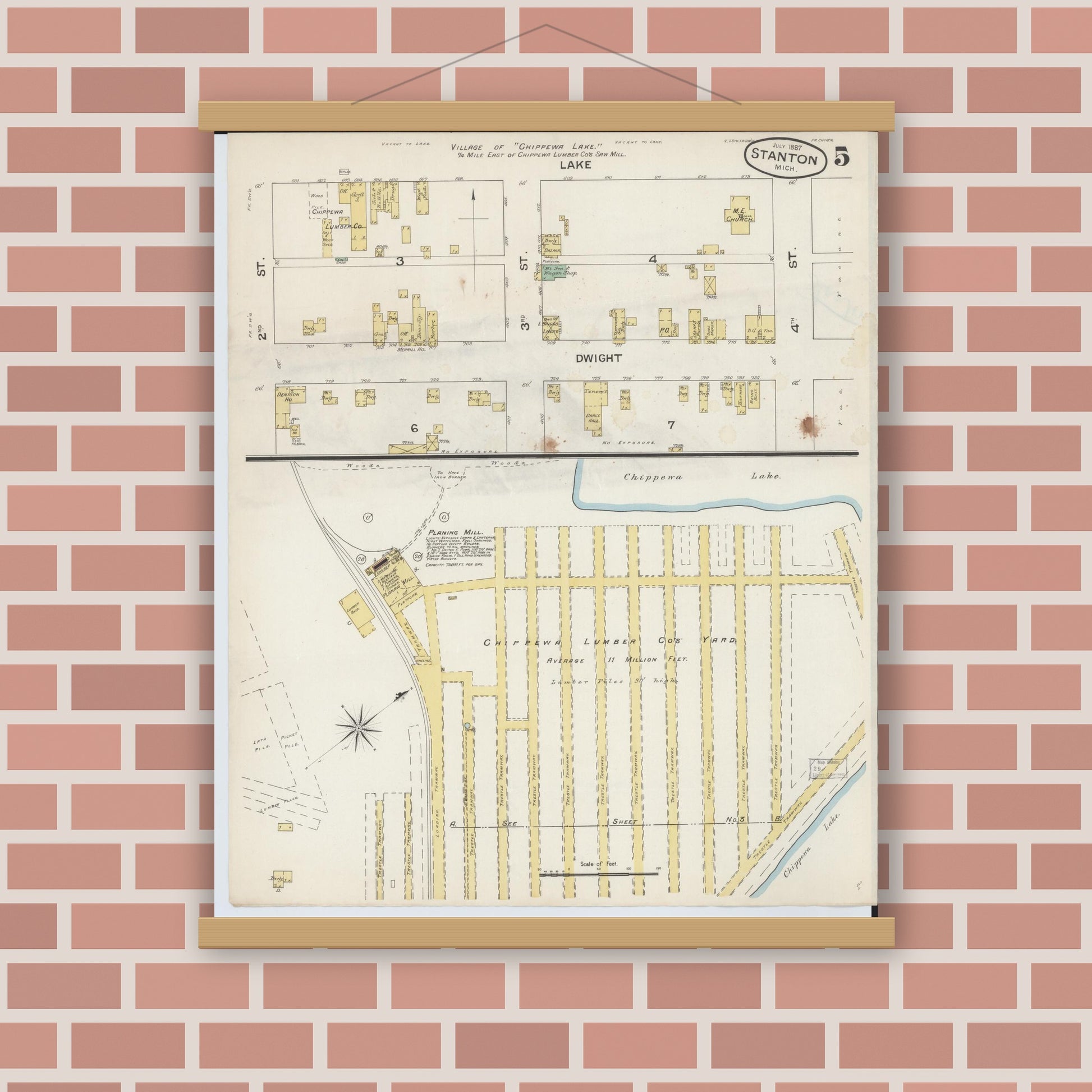 Old map wall art mockup — magnetic wood frame on brick wall — Sanborn Fire Insurance Map from Stanton, Montcalm County, Michigan (1887), Sheet #0005