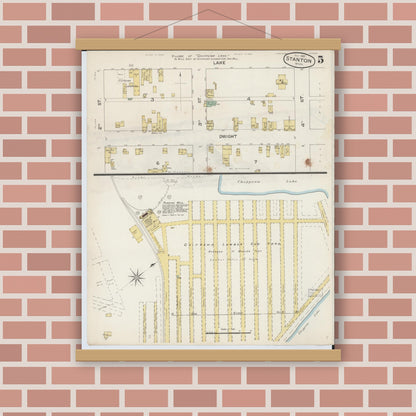 Old map wall art mockup — magnetic wood frame on brick wall — Sanborn Fire Insurance Map from Stanton, Montcalm County, Michigan (1887), Sheet #0005