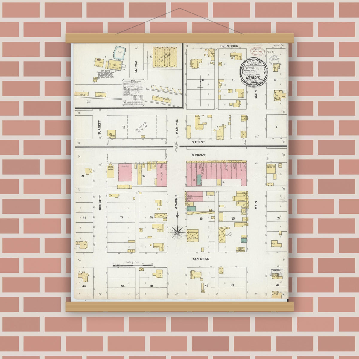 Old map wall art mockup — magnetic wood frame on brick wall — Sanborn Fire Insurance Map from Detroit, Red River County, Texas (1899), Sheet #0001