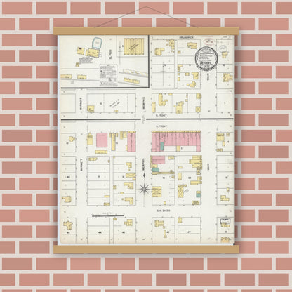 Old map wall art mockup — magnetic wood frame on brick wall — Sanborn Fire Insurance Map from Detroit, Red River County, Texas (1899), Sheet #0001