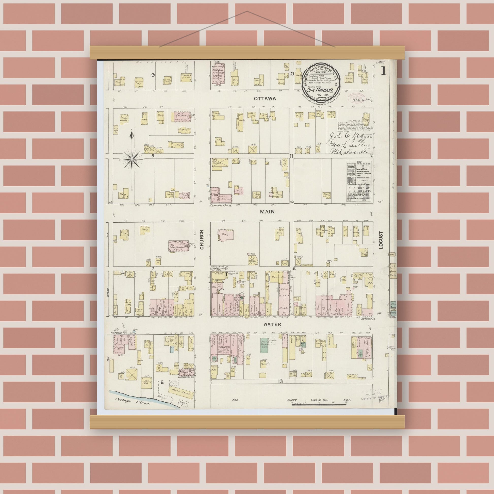 Old map wall art mockup — magnetic wood frame on brick wall — Sanborn Fire Insurance Map from Oak Harbor, Ottawa County, Ohio (1888) - Complete Map Set