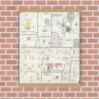 Old map wall art mockup — magnetic wood frame on brick wall — Sanborn Fire Insurance Map from Blissfield, Lenawee County, Michigan (1912), Sheet #0001