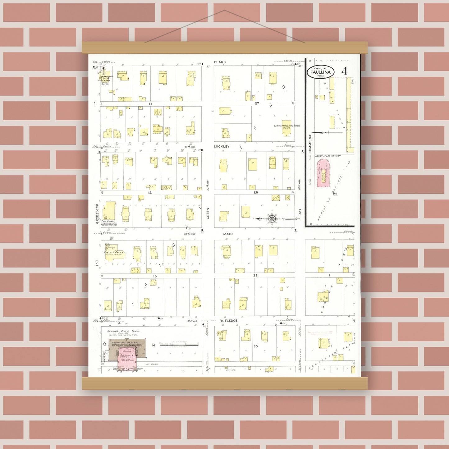 Old map wall art mockup — magnetic wood frame on brick wall — Sanborn Fire Insurance Map from Paullina, O'Brien County, Iowa (1931), Sheet #0004
