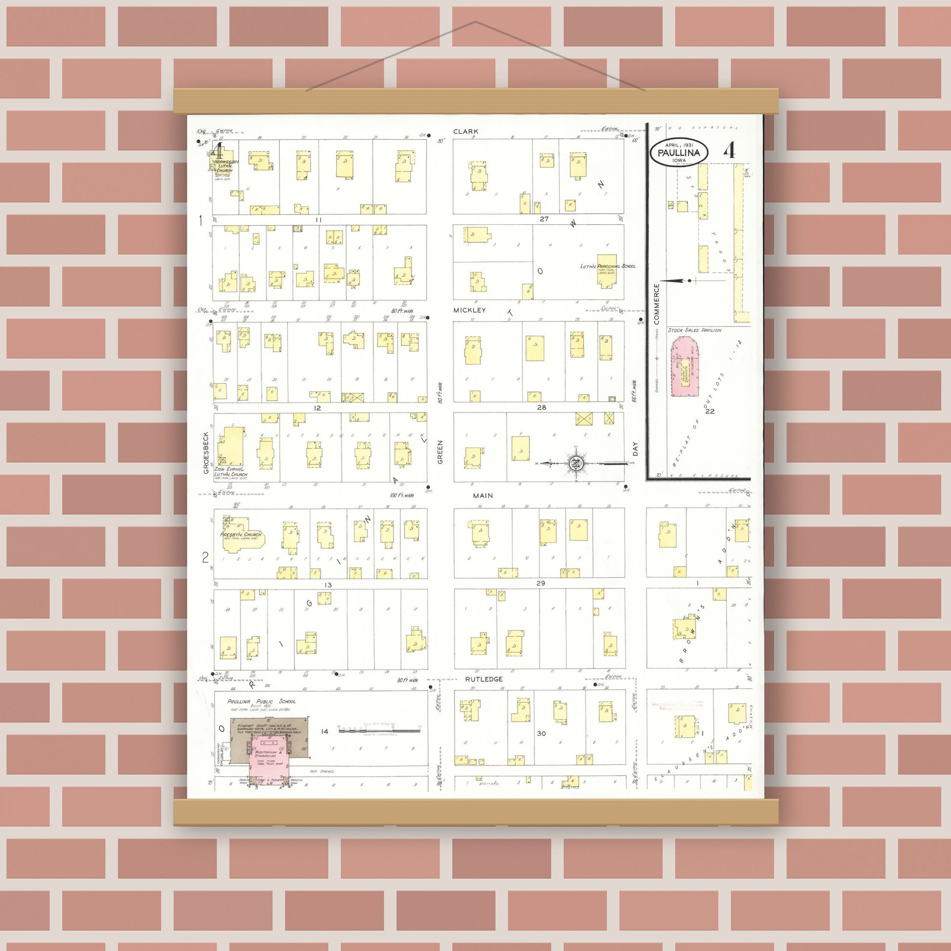Old map wall art mockup — magnetic wood frame on brick wall — Sanborn Fire Insurance Map from Paullina, O'Brien County, Iowa (1931), Sheet #0004