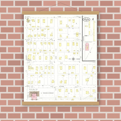 Old map wall art mockup — magnetic wood frame on brick wall — Sanborn Fire Insurance Map from Paullina, O'Brien County, Iowa (1931), Sheet #0004