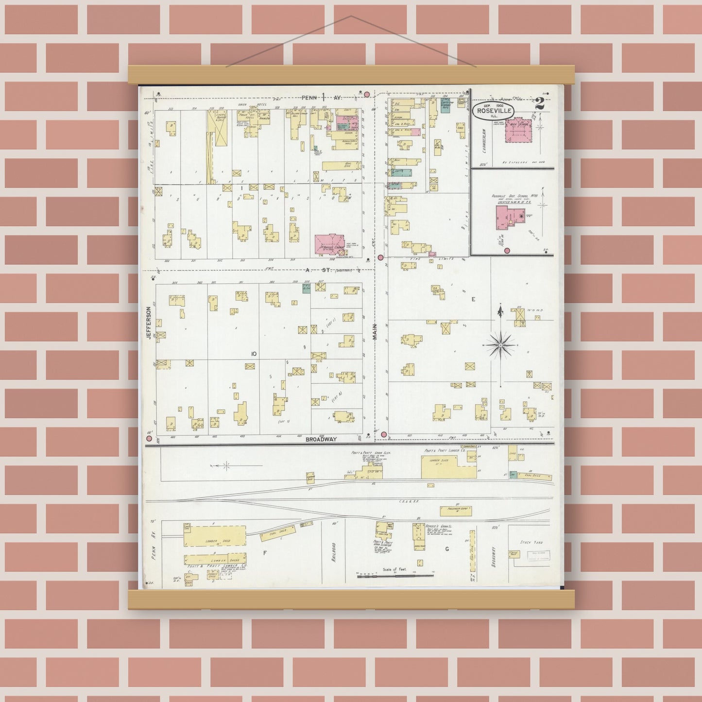 Old map wall art mockup — magnetic wood frame on brick wall — Sanborn Fire Insurance Map from Roseville, Warren County, Illinois (1902), Sheet #0002