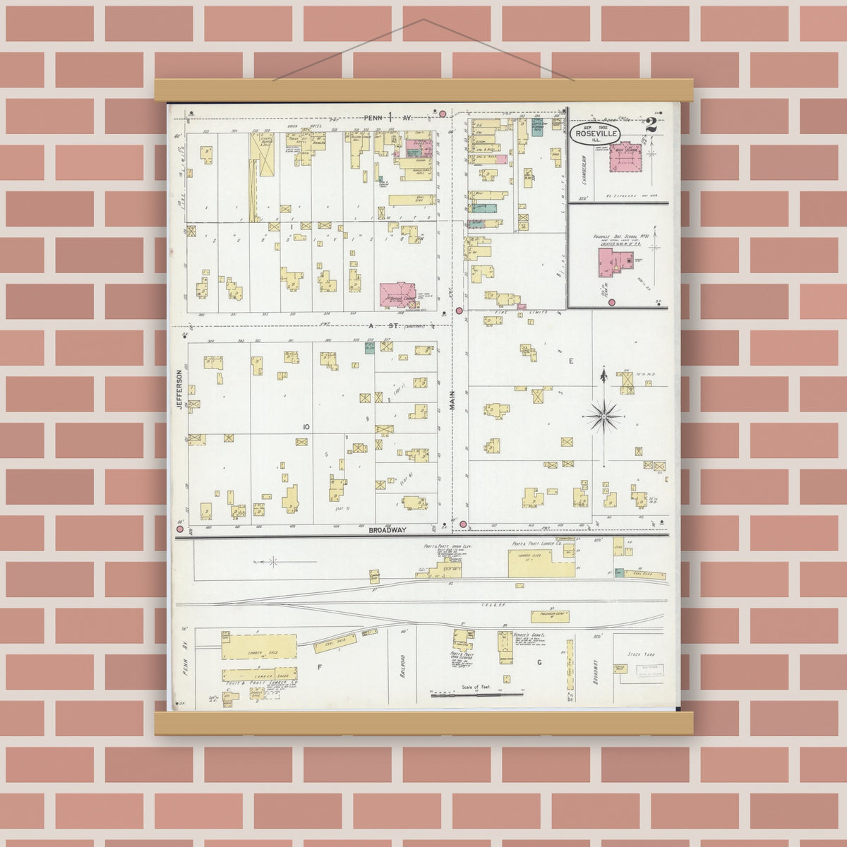 Old map wall art mockup — magnetic wood frame on brick wall — Sanborn Fire Insurance Map from Roseville, Warren County, Illinois (1902), Sheet #0002