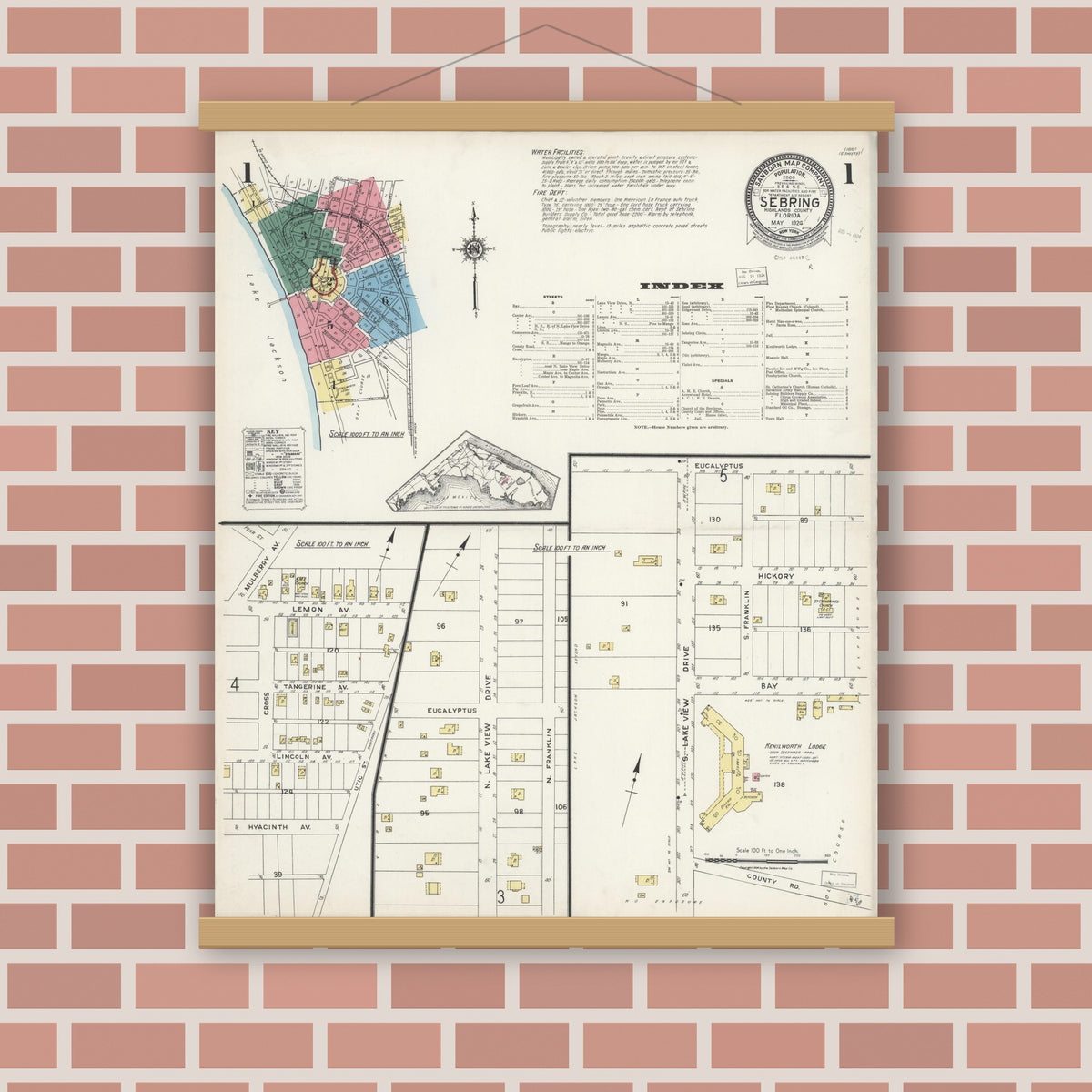 Old map wall art mockup — magnetic wood frame on brick wall — Sanborn Fire Insurance Map from Sebring, Highlands County, Florida (1924), Sheet #0001