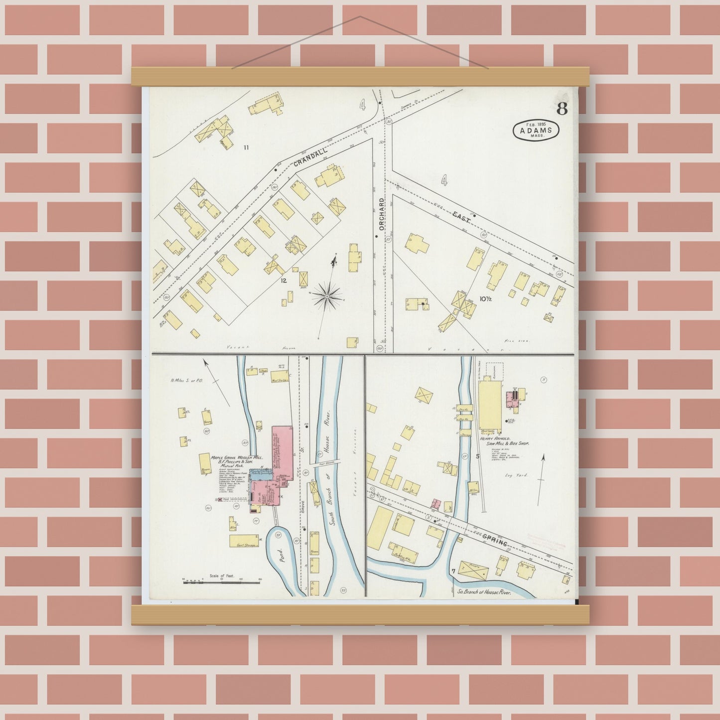 Old map wall art mockup — magnetic wood frame on brick wall — Sanborn Fire Insurance Map from Adams, Berkshire County, Massachusetts (1895), Sheet #0008