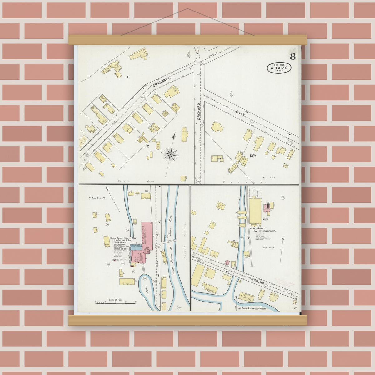 Old map wall art mockup — magnetic wood frame on brick wall — Sanborn Fire Insurance Map from Adams, Berkshire County, Massachusetts (1895), Sheet #0008