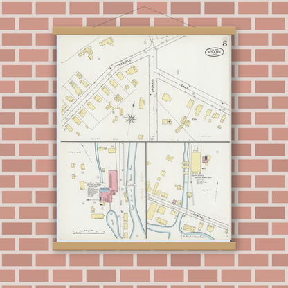 Old map wall art mockup — magnetic wood frame on brick wall — Sanborn Fire Insurance Map from Adams, Berkshire County, Massachusetts (1895), Sheet #0008