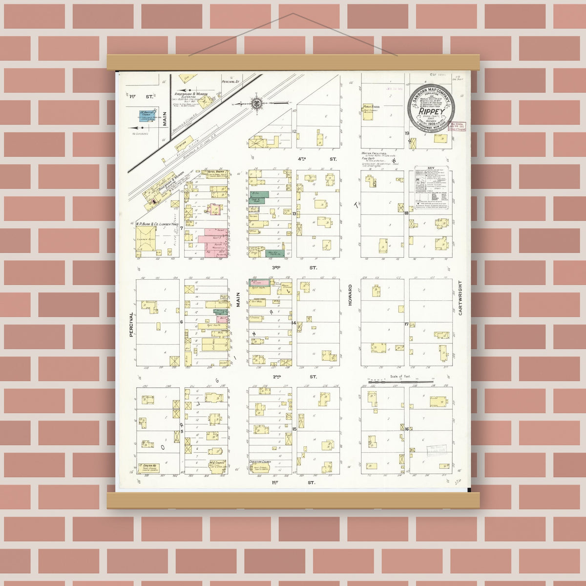 Old map wall art mockup — magnetic wood frame on brick wall — Sanborn Fire Insurance Map from Rippey, Greene County, Iowa (1909), Sheet #0001
