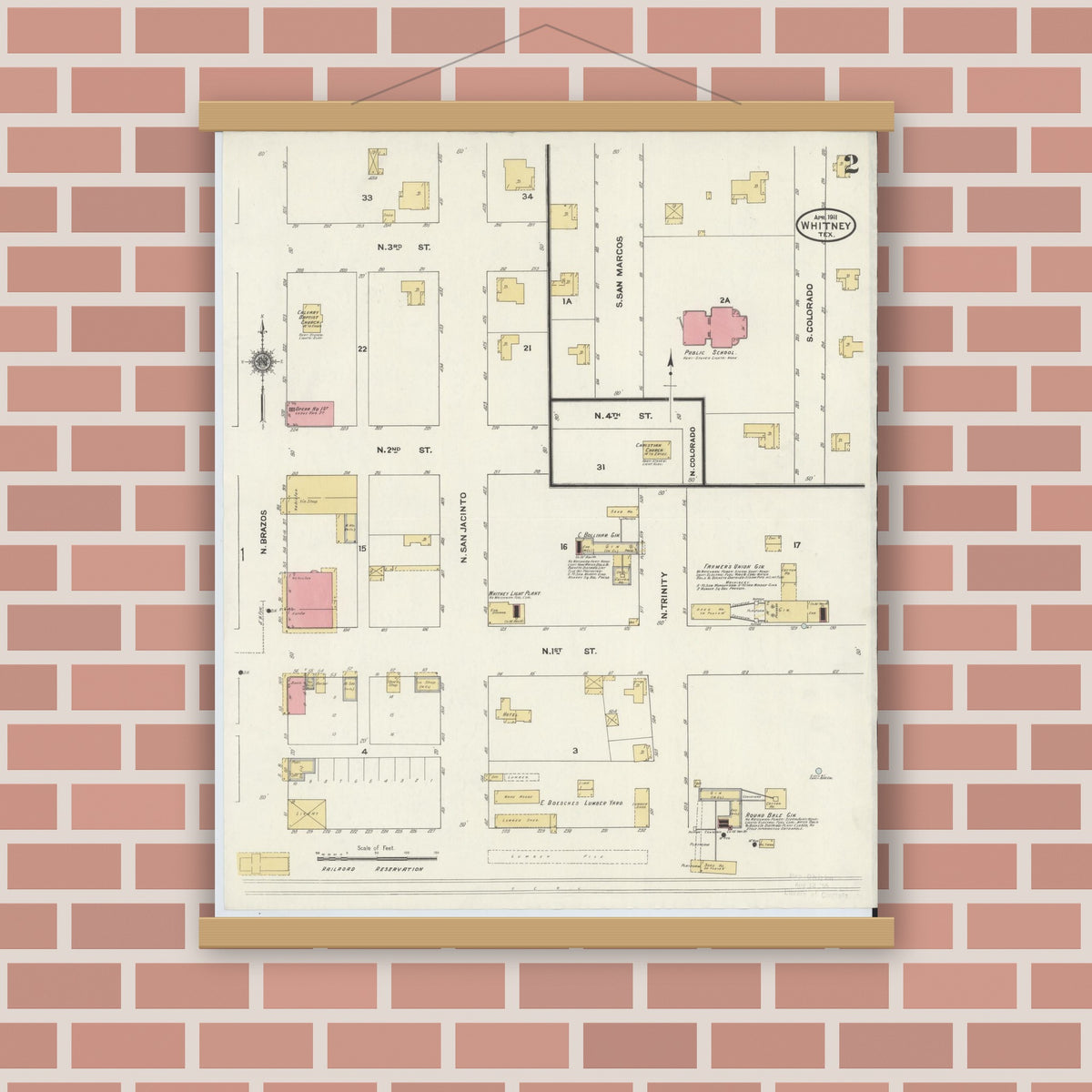 Old map wall art mockup — magnetic wood frame on brick wall — Sanborn Fire Insurance Map from Whitney, Hill County, Texas (1911), Sheet #0002