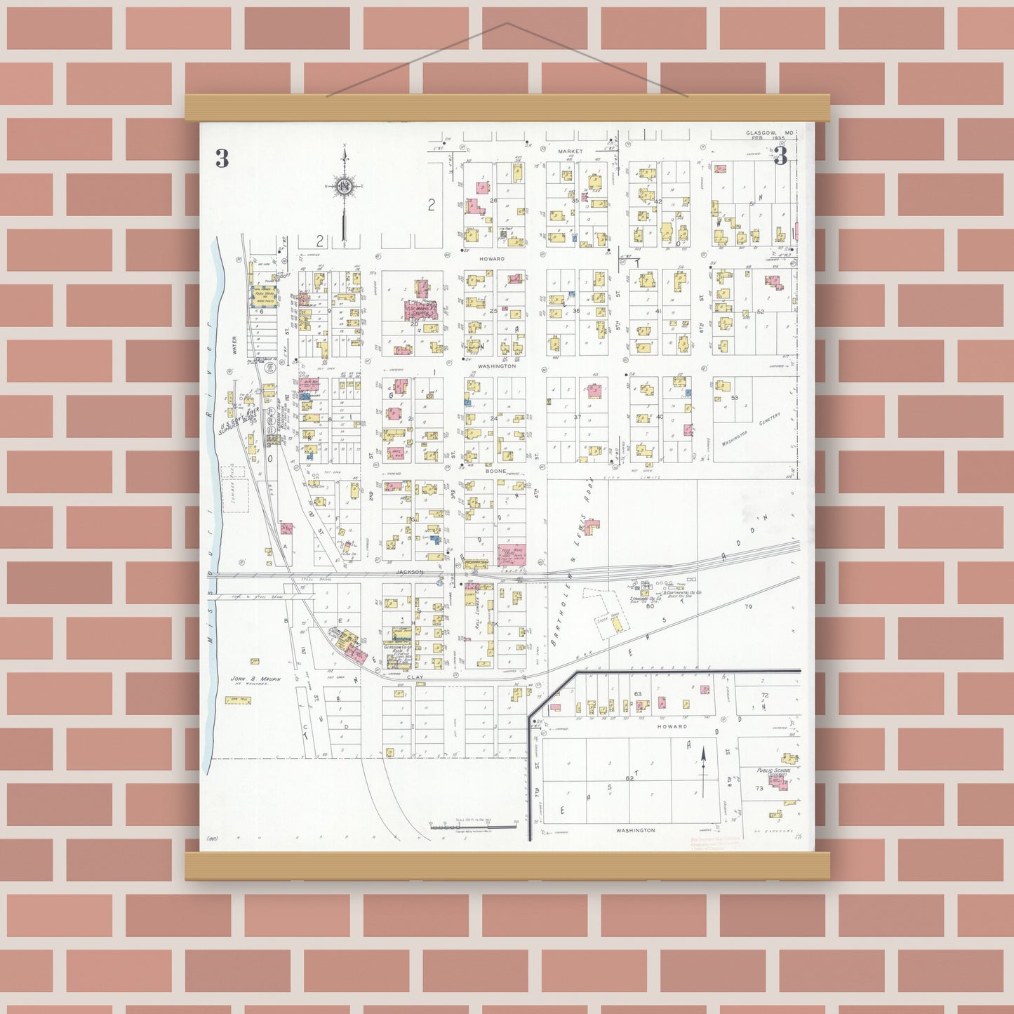 Old map wall art mockup — magnetic wood frame on brick wall — Sanborn Fire Insurance Map from Glasgow, Howard County, Missouri (1935), Sheet #0003