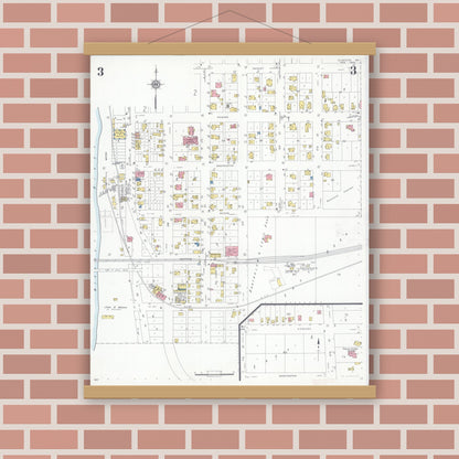 Old map wall art mockup — magnetic wood frame on brick wall — Sanborn Fire Insurance Map from Glasgow, Howard County, Missouri (1935), Sheet #0003