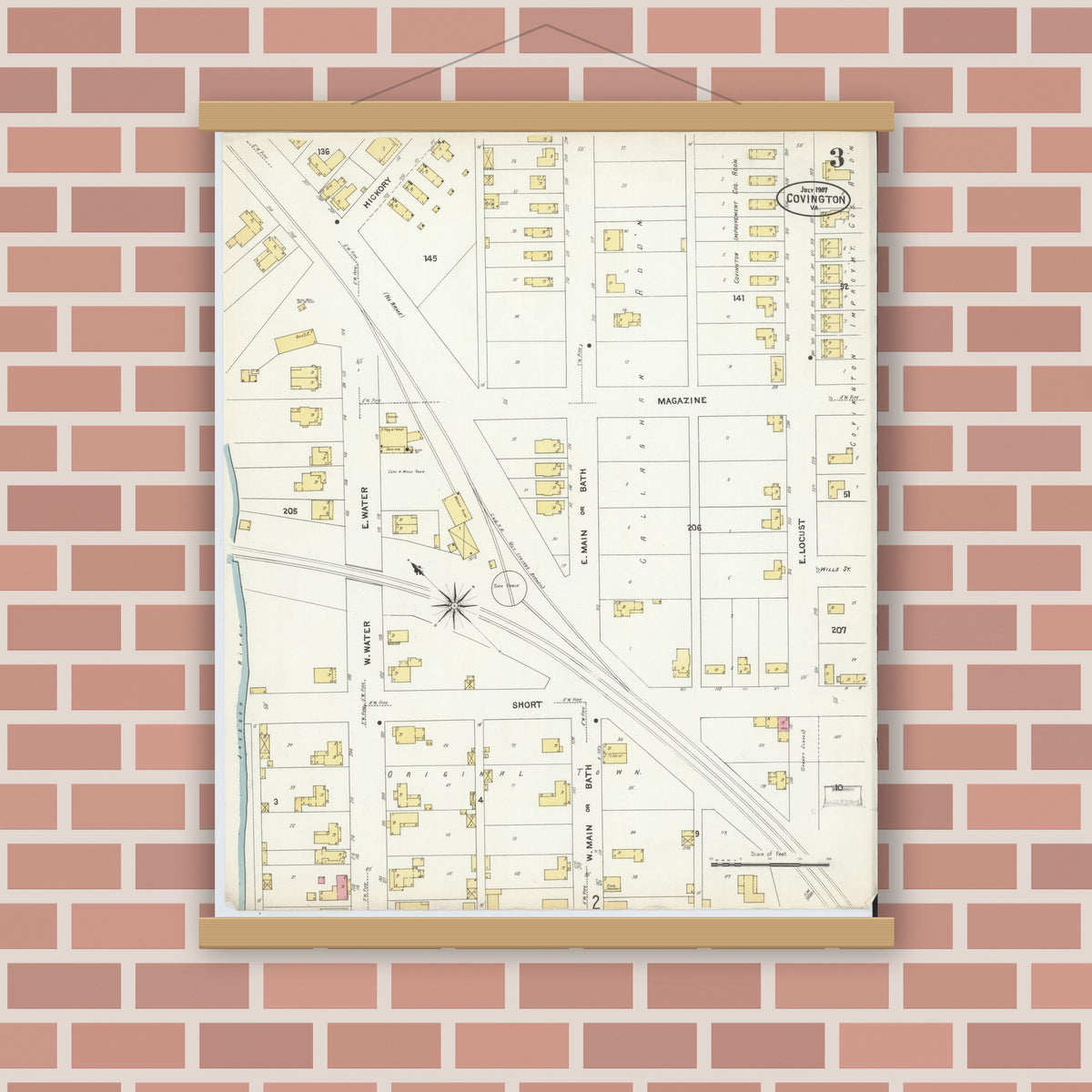 Old map wall art mockup — magnetic wood frame on brick wall — Sanborn Fire Insurance Map from Covington, Independent Cities, Virginia (1907), Sheet #0003