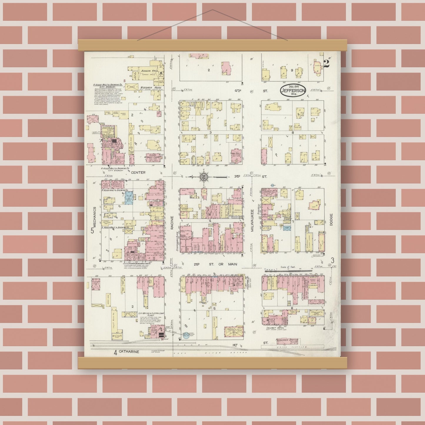 Old map wall art mockup — magnetic wood frame on brick wall — Sanborn Fire Insurance Map from Jefferson, Jefferson County, Wisconsin (1914), Sheet #0002