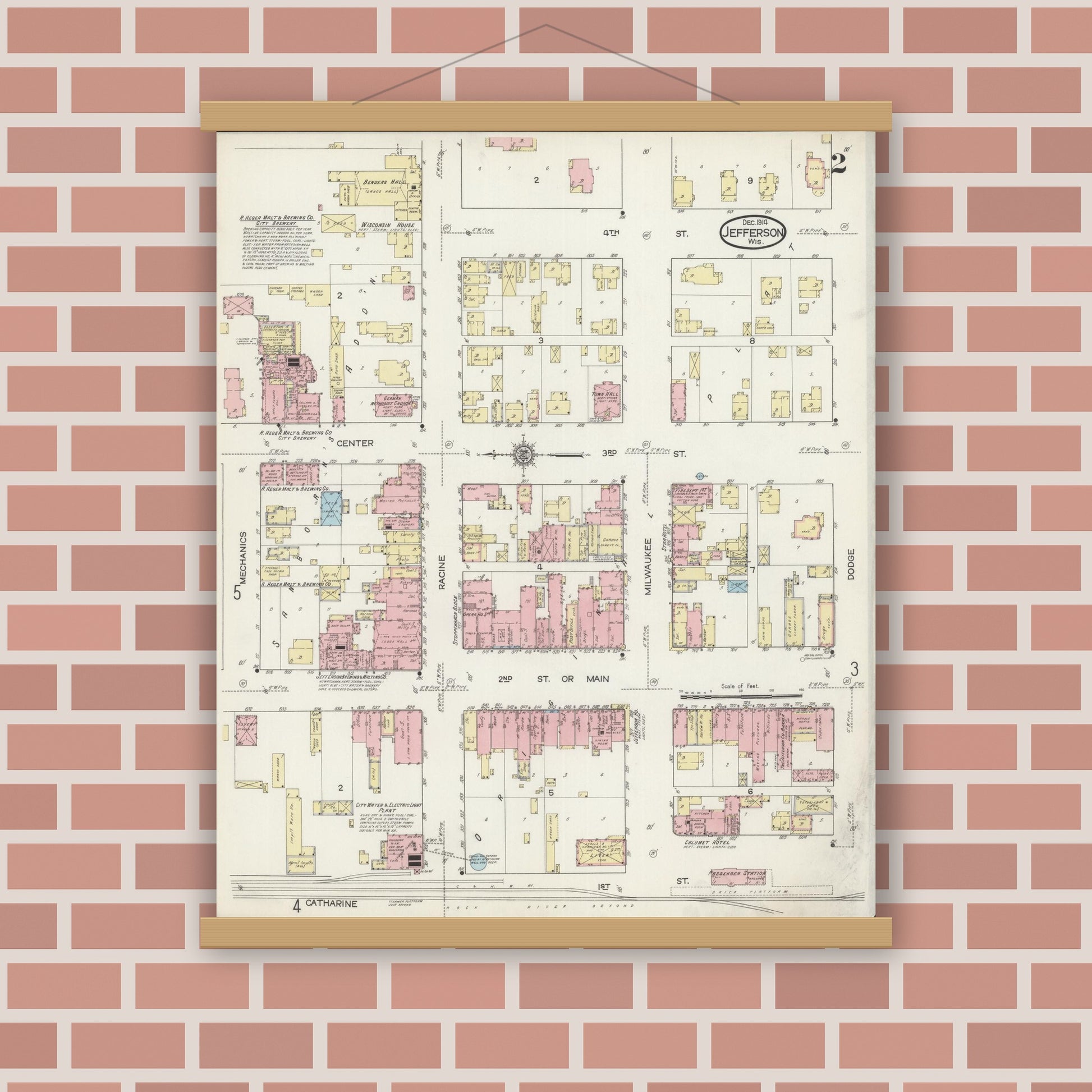 Old map wall art mockup — magnetic wood frame on brick wall — Sanborn Fire Insurance Map from Jefferson, Jefferson County, Wisconsin (1914), Sheet #0002