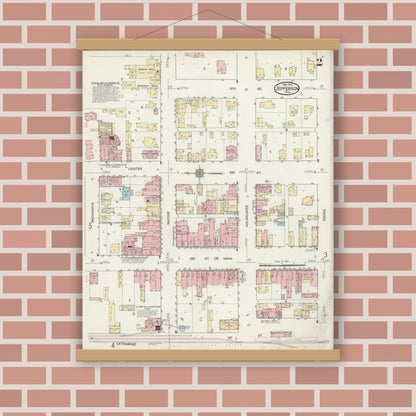 Old map wall art mockup — magnetic wood frame on brick wall — Sanborn Fire Insurance Map from Jefferson, Jefferson County, Wisconsin (1914), Sheet #0002