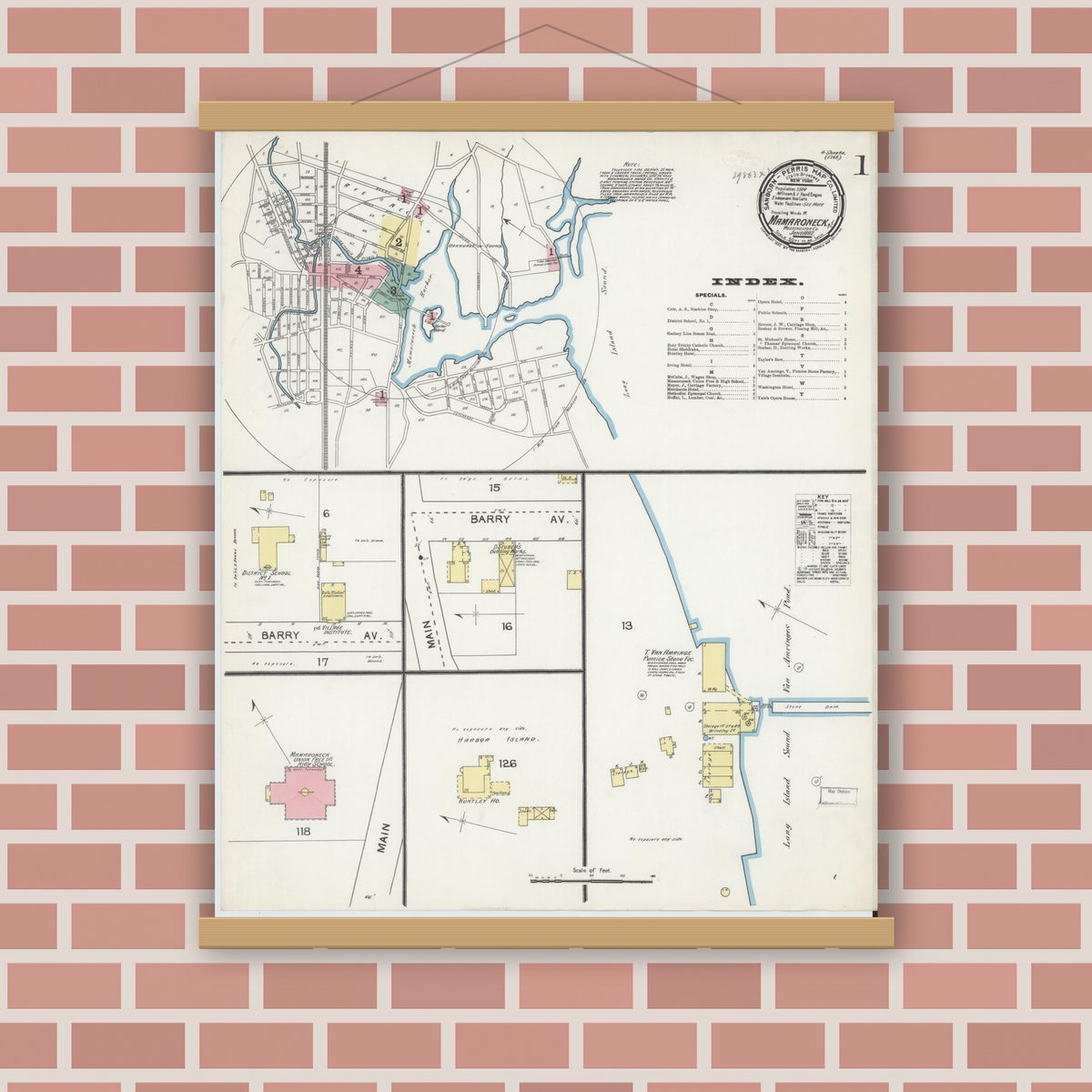 Old map wall art mockup — magnetic wood frame on brick wall — Sanborn Fire Insurance Map from Mamaroneck, Westchester County, New York (1892) - Complete Map Set
