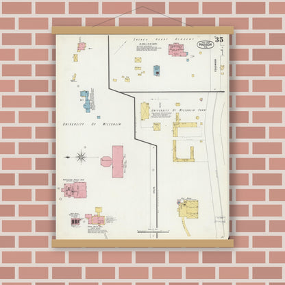 Old map wall art mockup — magnetic wood frame on brick wall — Sanborn Fire Insurance Map from Madison, Dane County, Wisconsin (1902), Sheet #0035