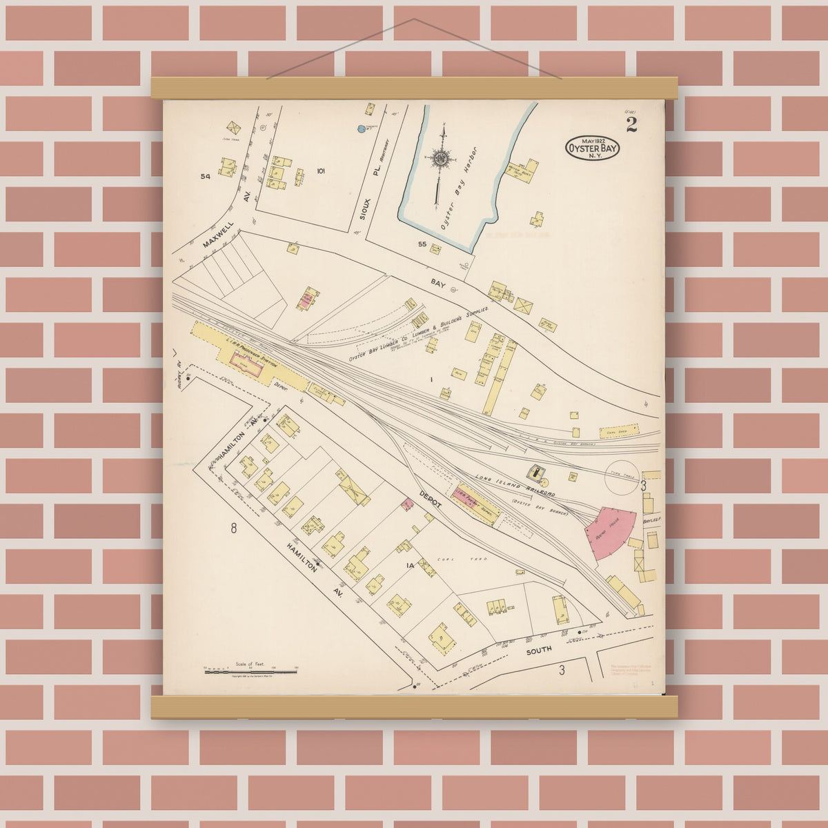Old map wall art mockup — magnetic wood frame on brick wall — Sanborn Fire Insurance Map from Oyster Bay, Nassau County, New York (1922), Sheet #0002