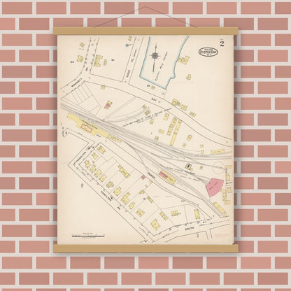 Old map wall art mockup — magnetic wood frame on brick wall — Sanborn Fire Insurance Map from Oyster Bay, Nassau County, New York (1922), Sheet #0002