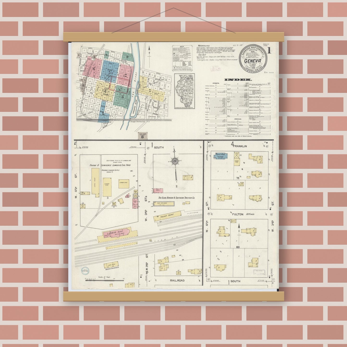 Old map wall art mockup — magnetic wood frame on brick wall — Sanborn Fire Insurance Map from Geneva, Kane County, Illinois (1912), Sheet #0001