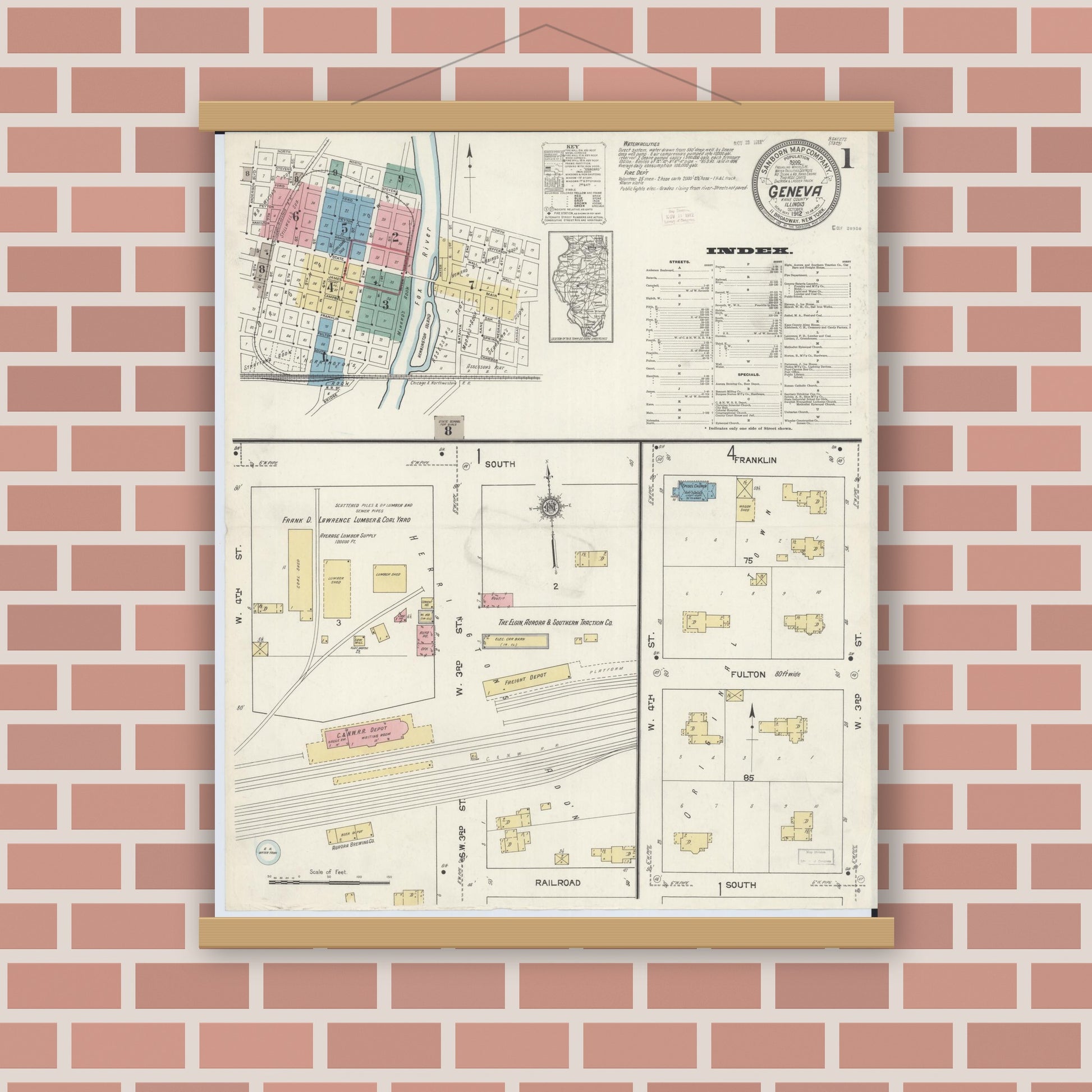 Old map wall art mockup — magnetic wood frame on brick wall — Sanborn Fire Insurance Map from Geneva, Kane County, Illinois (1912), Sheet #0001