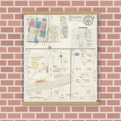 Old map wall art mockup — magnetic wood frame on brick wall — Sanborn Fire Insurance Map from Geneva, Kane County, Illinois (1912), Sheet #0001