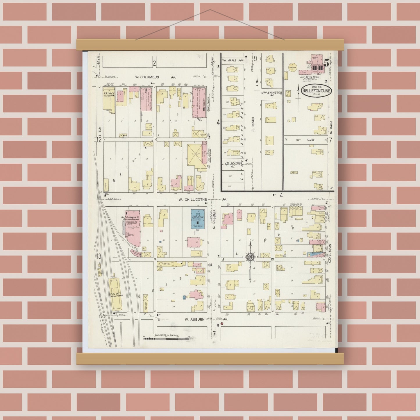 Old map wall art mockup — magnetic wood frame on brick wall — Sanborn Fire Insurance Map from Bellefontaine, Logan County, Ohio (1914), Sheet #0005