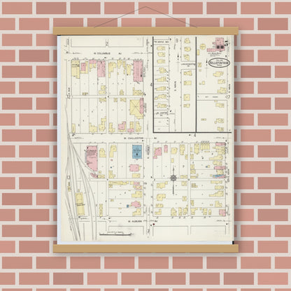 Old map wall art mockup — magnetic wood frame on brick wall — Sanborn Fire Insurance Map from Bellefontaine, Logan County, Ohio (1914), Sheet #0005