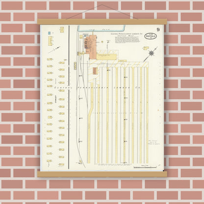 Old map wall art mockup — magnetic wood frame on brick wall — Sanborn Fire Insurance Map from Sheffield, Warren County, Pennsylvania (1910), Sheet #0009