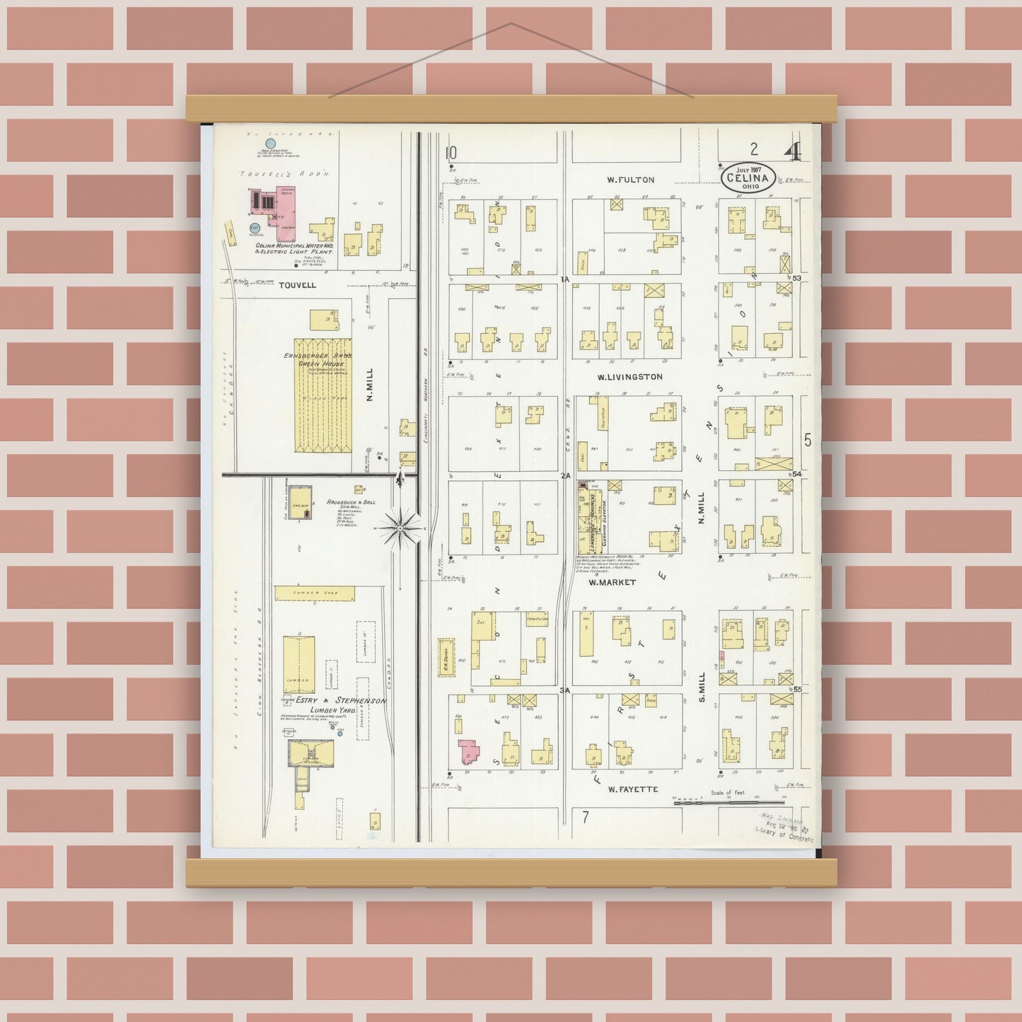 Old map wall art mockup — magnetic wood frame on brick wall — Sanborn Fire Insurance Map from Celina, Mercer County, Ohio (1907), Sheet #0004