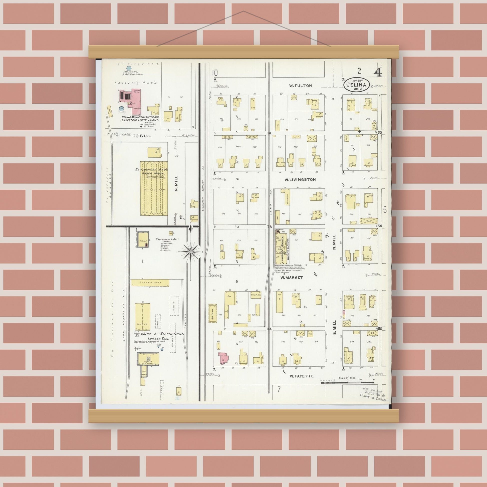 Old map wall art mockup — magnetic wood frame on brick wall — Sanborn Fire Insurance Map from Celina, Mercer County, Ohio (1907), Sheet #0004