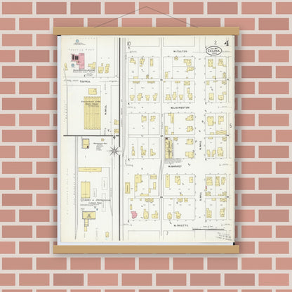 Old map wall art mockup — magnetic wood frame on brick wall — Sanborn Fire Insurance Map from Celina, Mercer County, Ohio (1907), Sheet #0004
