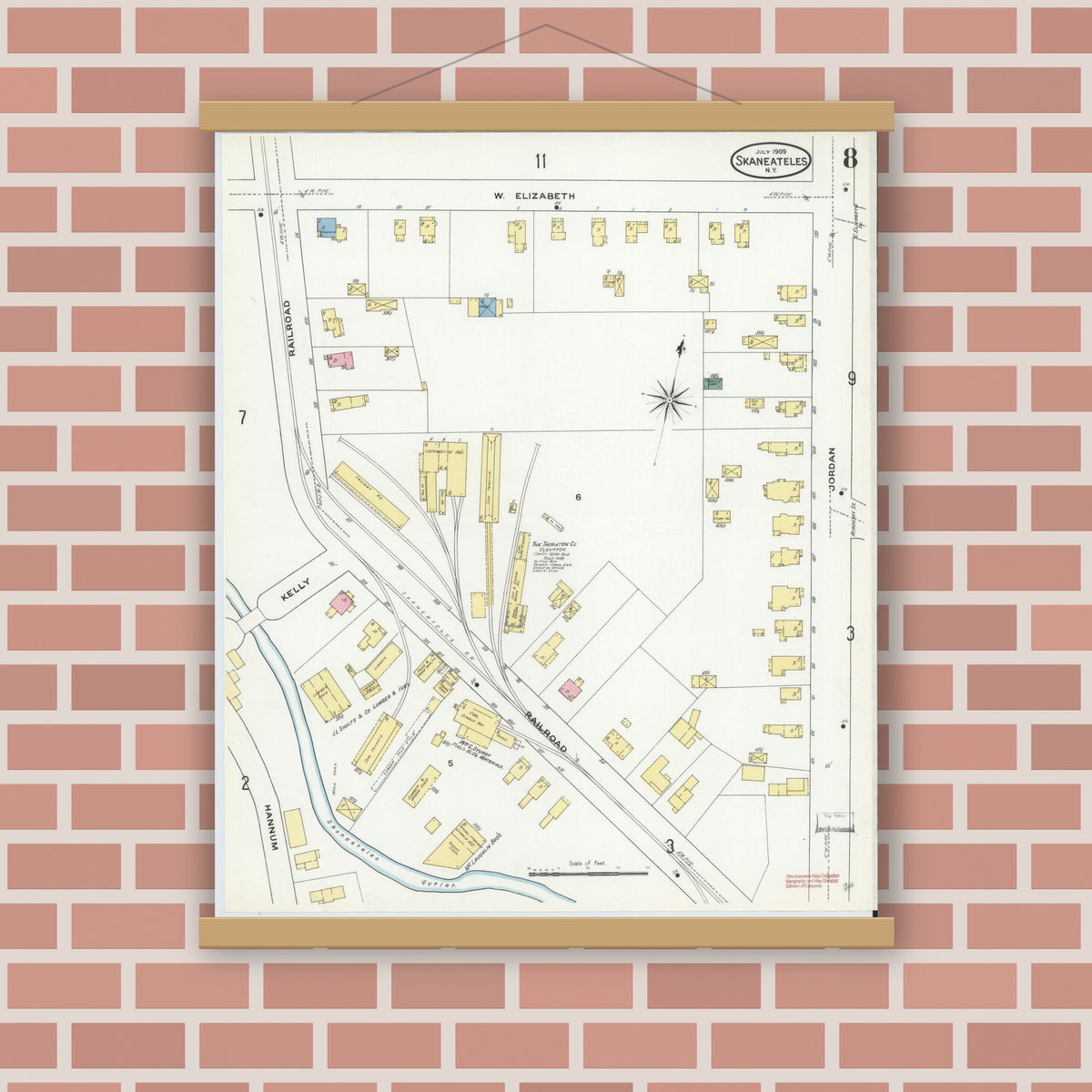 Old map wall art mockup — magnetic wood frame on brick wall — Sanborn Fire Insurance Map from Skaneateles, Onondaga County, New York (1909), Sheet #0008