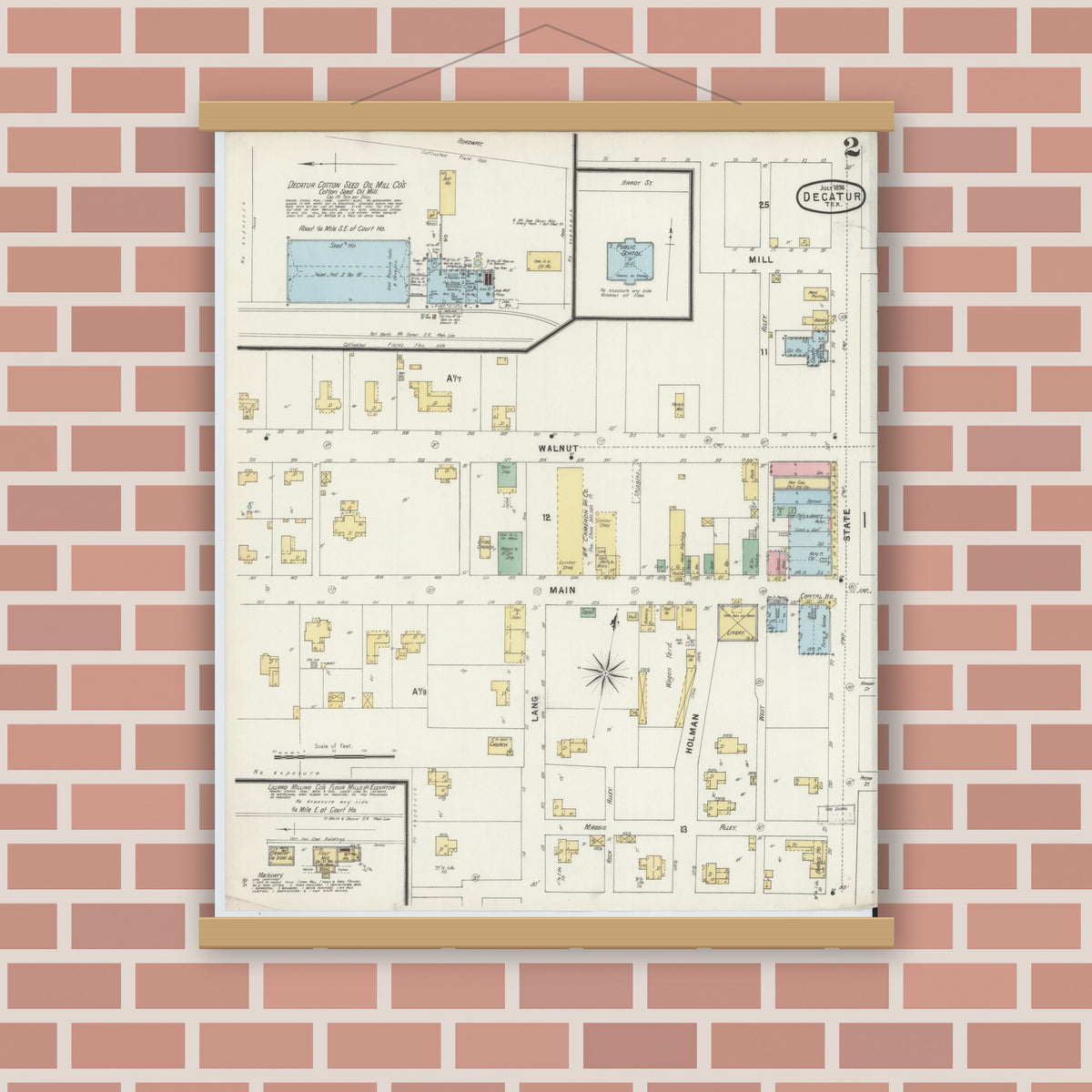 Old map wall art mockup — magnetic wood frame on brick wall — Sanborn Fire Insurance Map from Decatur, Wise County, Texas (1896), Sheet #0002