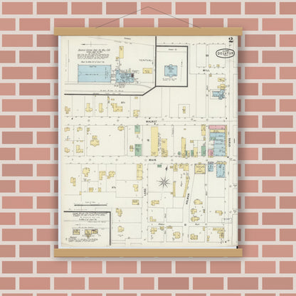 Old map wall art mockup — magnetic wood frame on brick wall — Sanborn Fire Insurance Map from Decatur, Wise County, Texas (1896), Sheet #0002