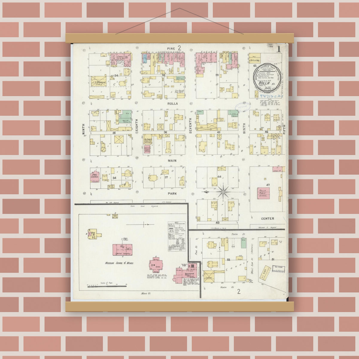 Old map wall art mockup — magnetic wood frame on brick wall — Sanborn Fire Insurance Map from Rolla, Phelps County, Missouri (1897) - Complete Map Set
