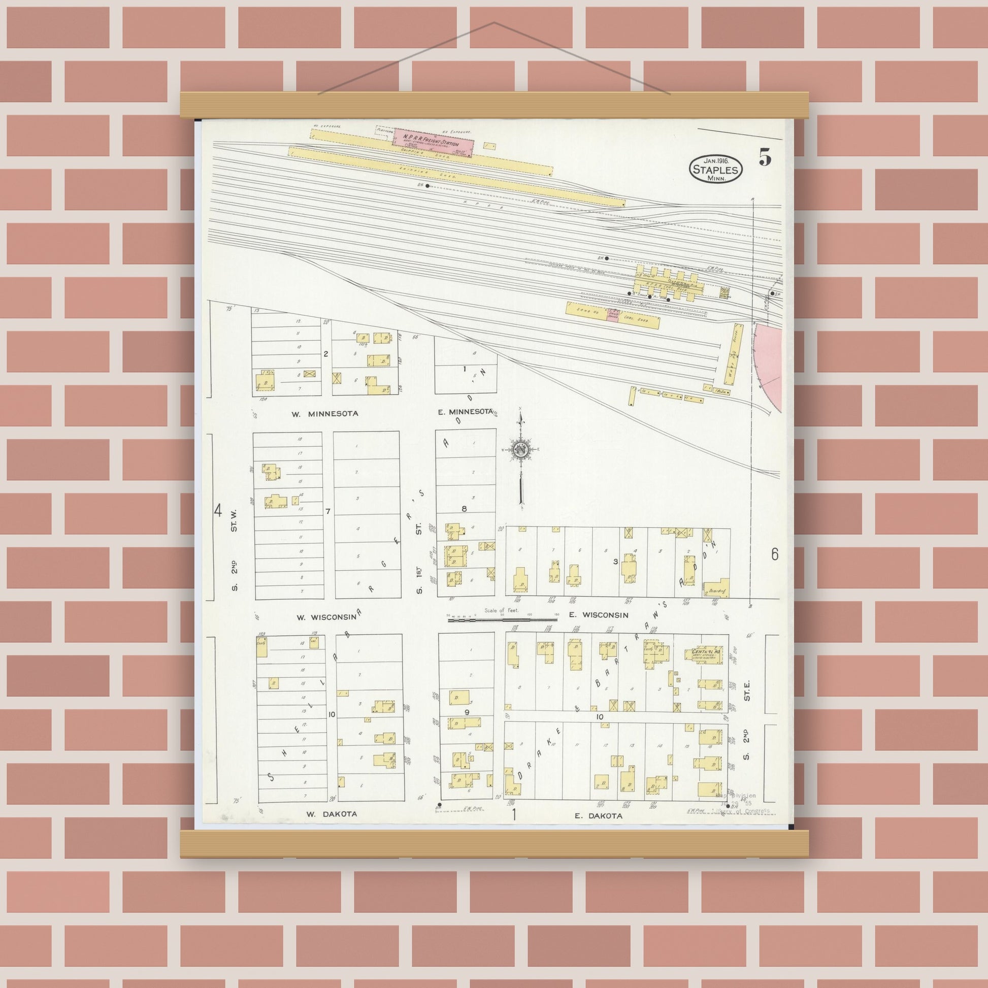 Old map wall art mockup — magnetic wood frame on brick wall — Sanborn Fire Insurance Map from Staples, Todd County, Minnesota (1916), Sheet #0005