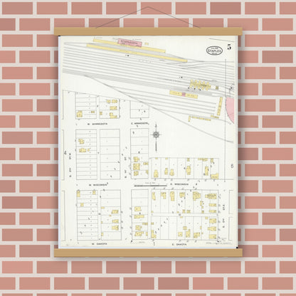 Old map wall art mockup — magnetic wood frame on brick wall — Sanborn Fire Insurance Map from Staples, Todd County, Minnesota (1916), Sheet #0005