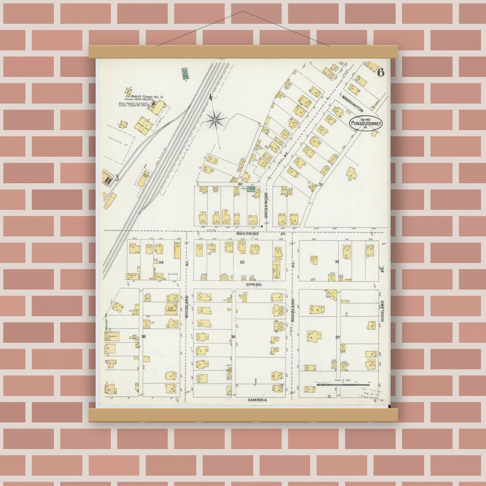 Old map wall art mockup — magnetic wood frame on brick wall — Sanborn Fire Insurance Map from Punxsutawney, Jefferson County, Pennsylvania (1901), Sheet #0006