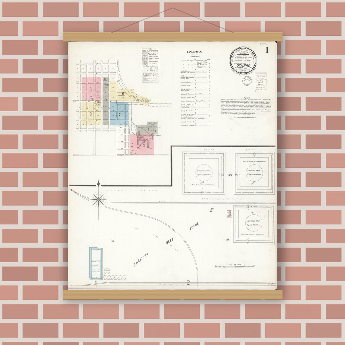 Old map wall art mockup — magnetic wood frame on brick wall — Sanborn Fire Insurance Map from Oxnard, Ventura County, California (1900) - Complete Map Set