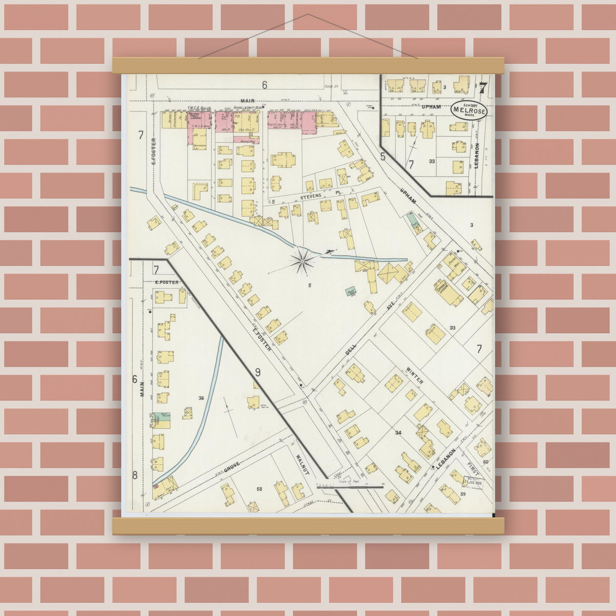 Old map wall art mockup — magnetic wood frame on brick wall — Sanborn Fire Insurance Map from Melrose, Middlesex County, Massachusetts (1897), Sheet #0007